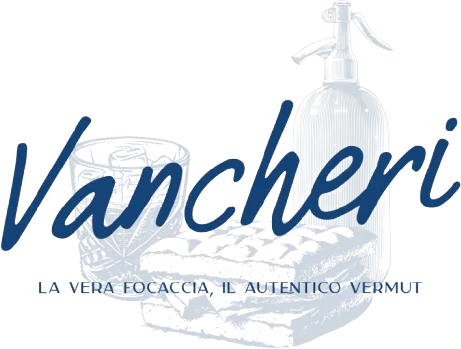 Logo de Vancheri con ilustración de focaccia, vaso de vermut y sifón